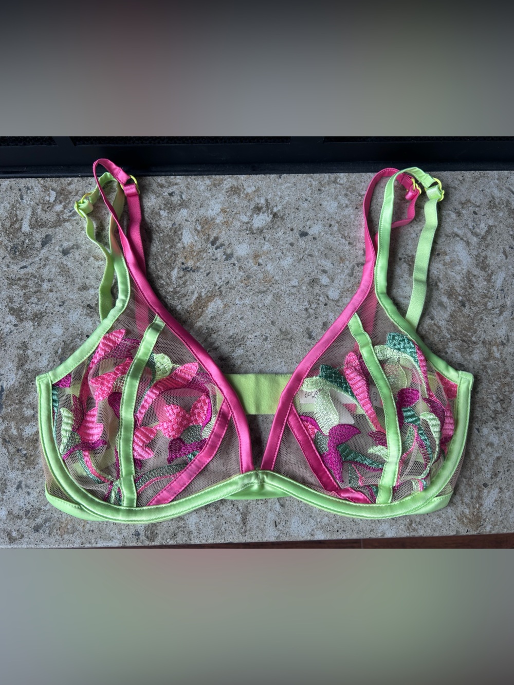 For Love & Lemons “Petunia” Neon Green and Hot Pink Floral Mesh Bra
